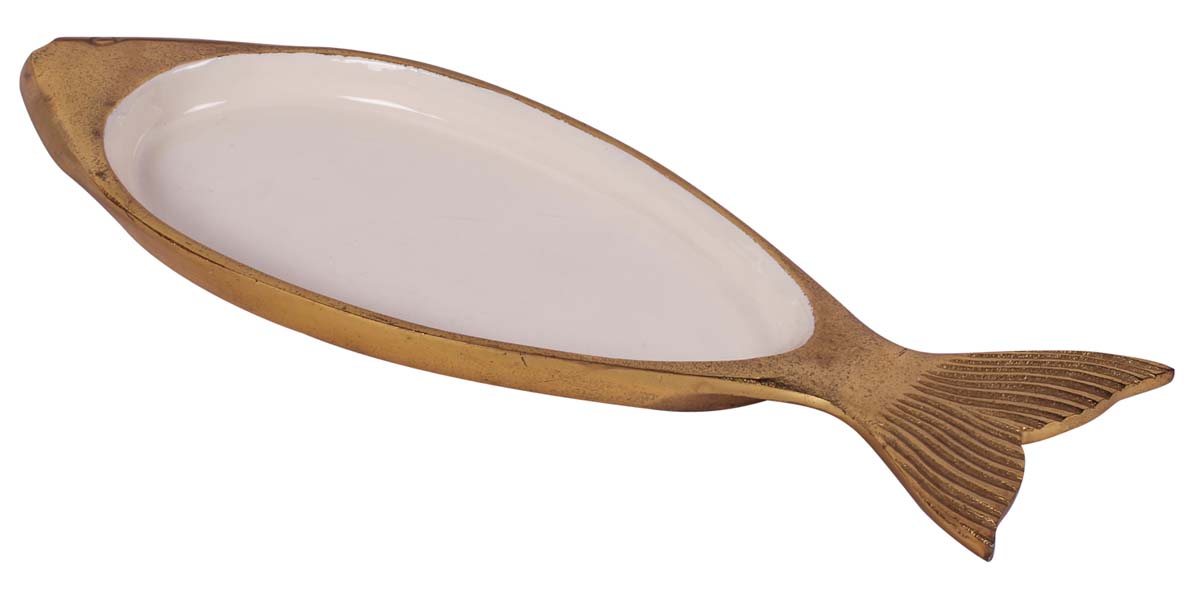 Buy in Bulk Wholesale Fish Metal Tray - 15” Decorative Golden White - Modern Home Decor/Accessory Holder